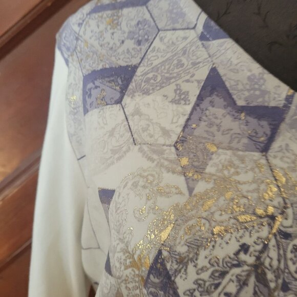 Chicos Womens Long Sleeve Hexagon & Paisley Print Top Size 1 M White Blue Gold - Picture 5 of 5
